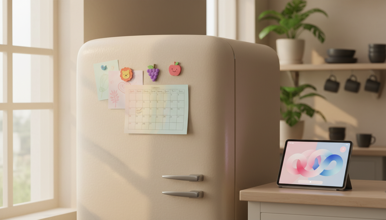 Un calendrier papier sur le réfrigérateur à côté d'une tablette MyLumo affichant l'écran d'accueil, dans une cuisine