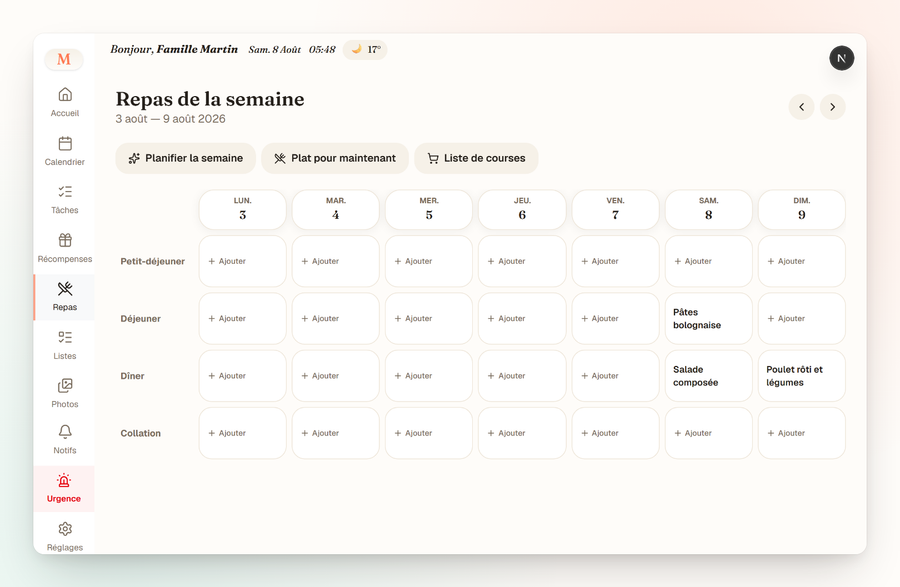 Planning des repas — écran tablette MyLumo